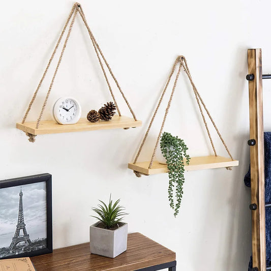1pc Wooden Wall Shelves Hemp Rope Swing Wall Hanging Plant Flower Pot Tray Morden Indoor Home Decoration Simple Design Shelves